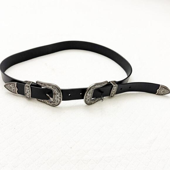 Black Faux Leather Western Double Buckle Belt Silver Accents Cowboy Size M/L main image 4